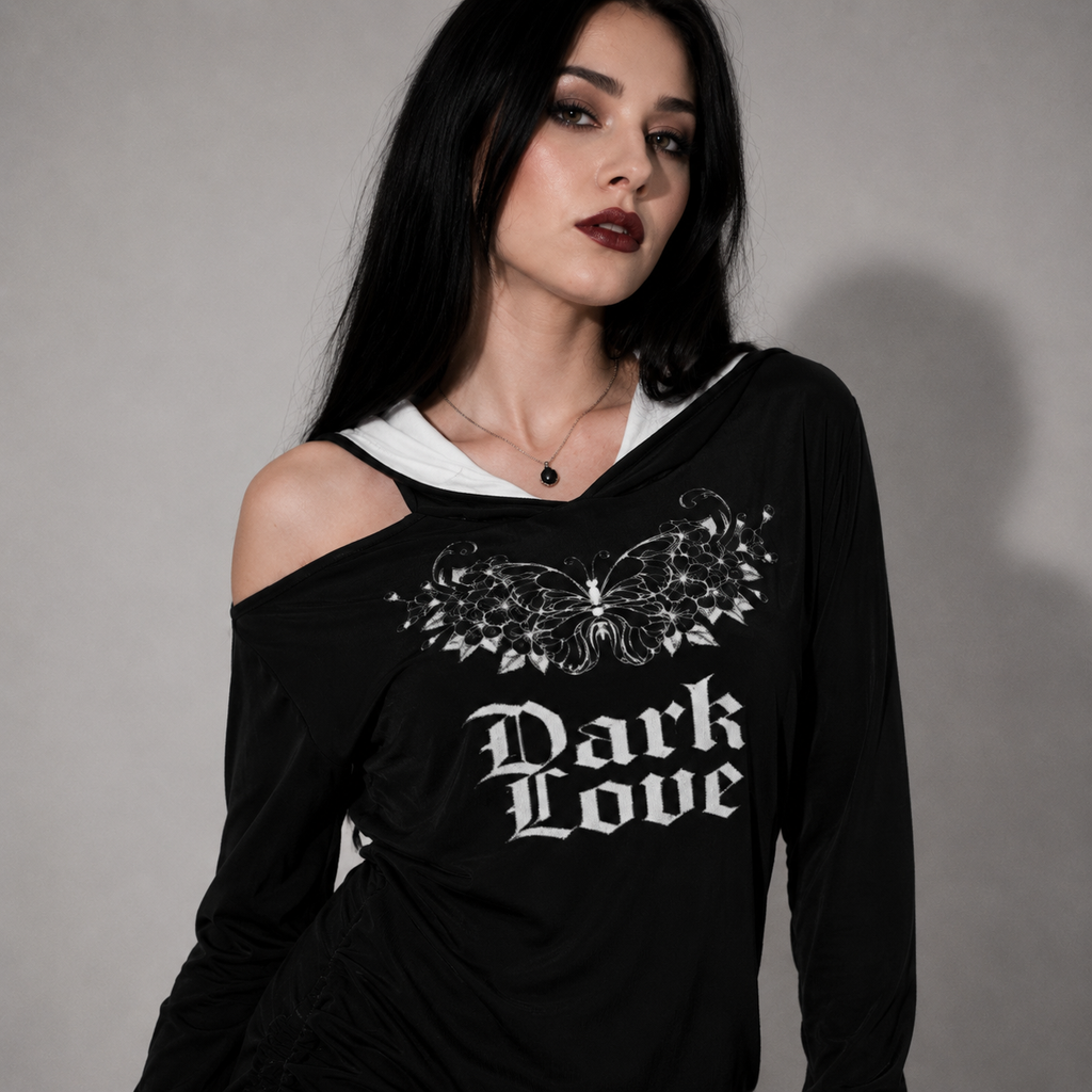 Gotycka Sukienka Hoodie Dark Love – Asymetryczna Sukienka z Kapturem, Odkrytym Ramieniem i Nadrukiem | Gothic | Darkwear | Alternative Fashion