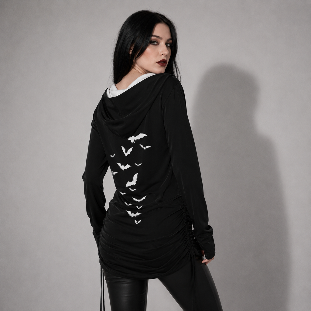 Gotycka Sukienka Hoodie Dark Love – Asymetryczna Sukienka z Kapturem, Odkrytym Ramieniem i Nadrukiem | Gothic | Darkwear | Alternative Fashion