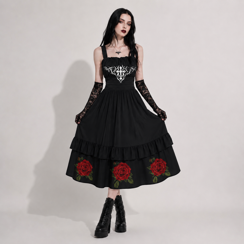 Sukienka Gotycka Rose & Pain Cross | Czarna Sukienka z Różami, Krzyżem i Falbanami