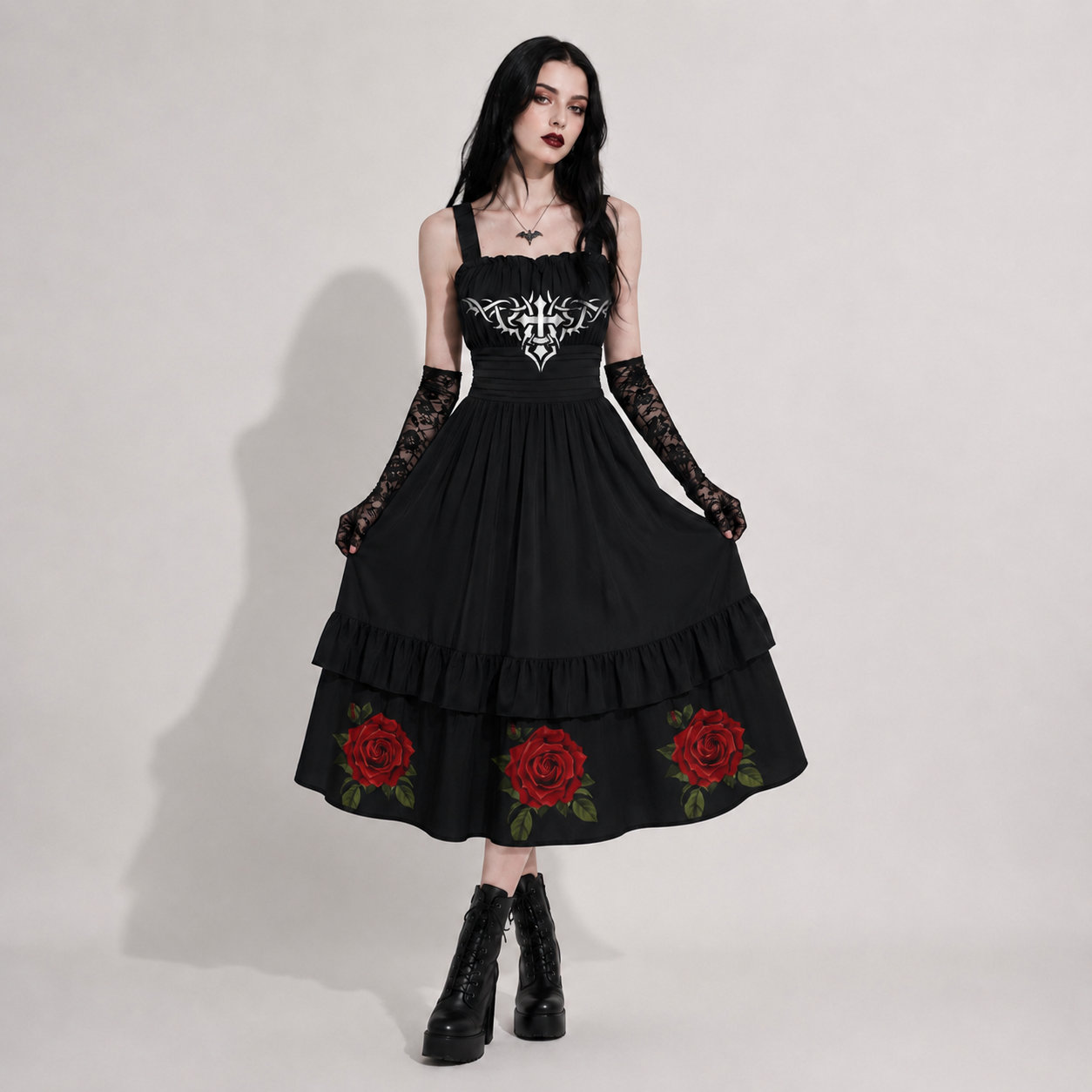 Sukienka Gotycka Rose & Pain Cross | Czarna Sukienka z Różami, Krzyżem i Falbanami