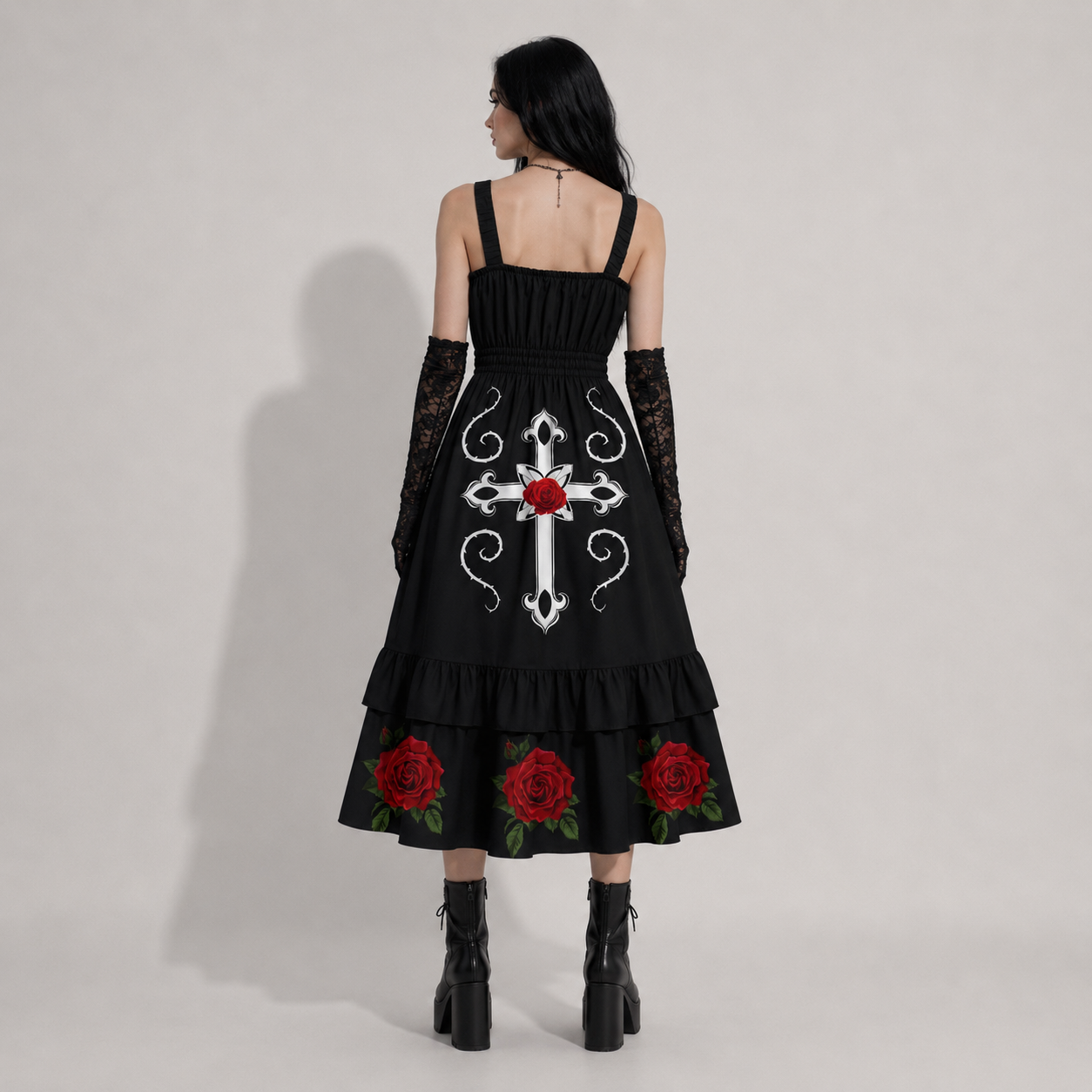 Sukienka Gotycka Rose & Pain Cross | Czarna Sukienka z Różami, Krzyżem i Falbanami