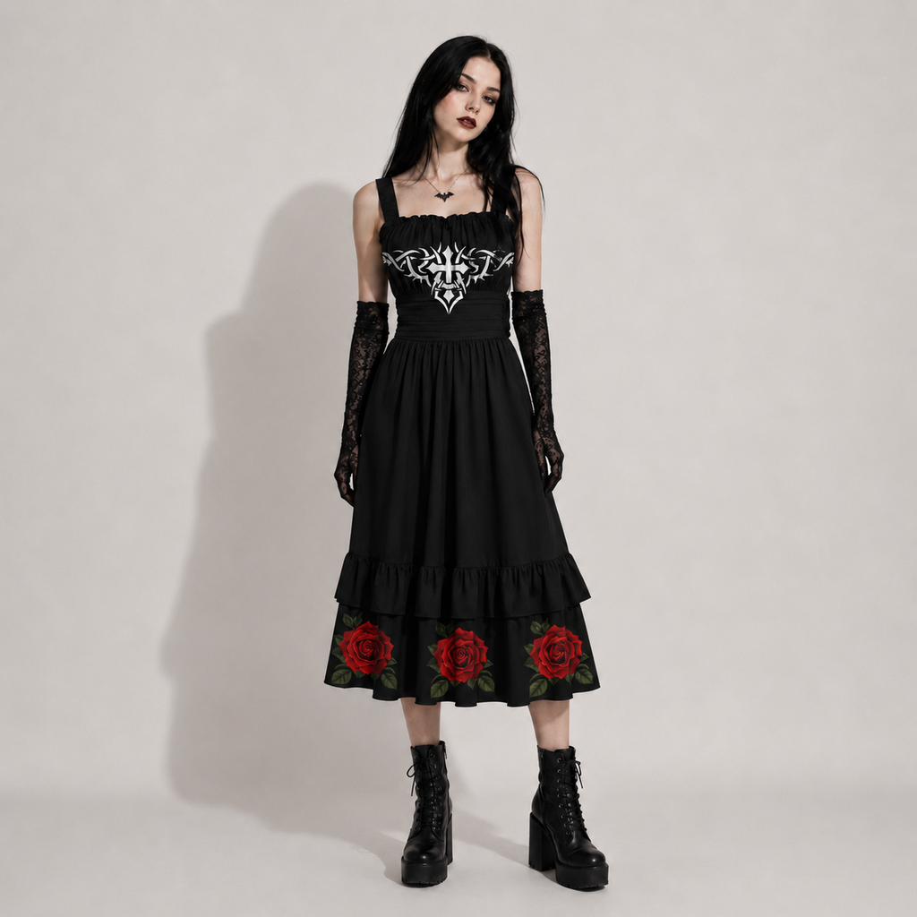 Sukienka Gotycka Rose & Pain Cross | Czarna Sukienka z Różami, Krzyżem i Falbanami