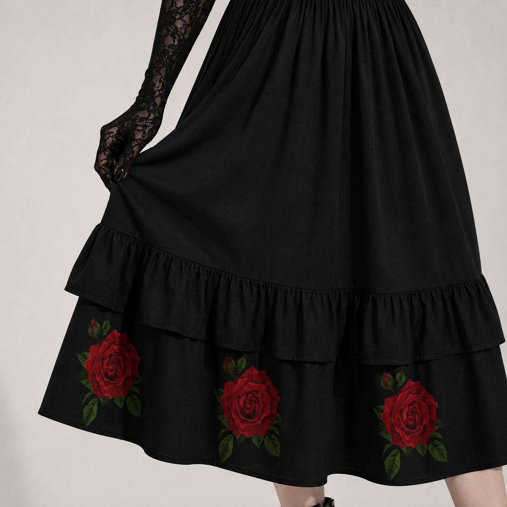 Sukienka Gotycka Rose & Pain Cross | Czarna Sukienka z Różami, Krzyżem i Falbanami