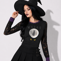 Gotycka Bluzka Witch Cat Moon | Damski Top Witchcore z Koronką i Rękawami Lace