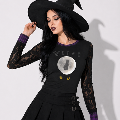 Witch Cat Moon Gothic Top | Women’s Witchcore Lace Blouse