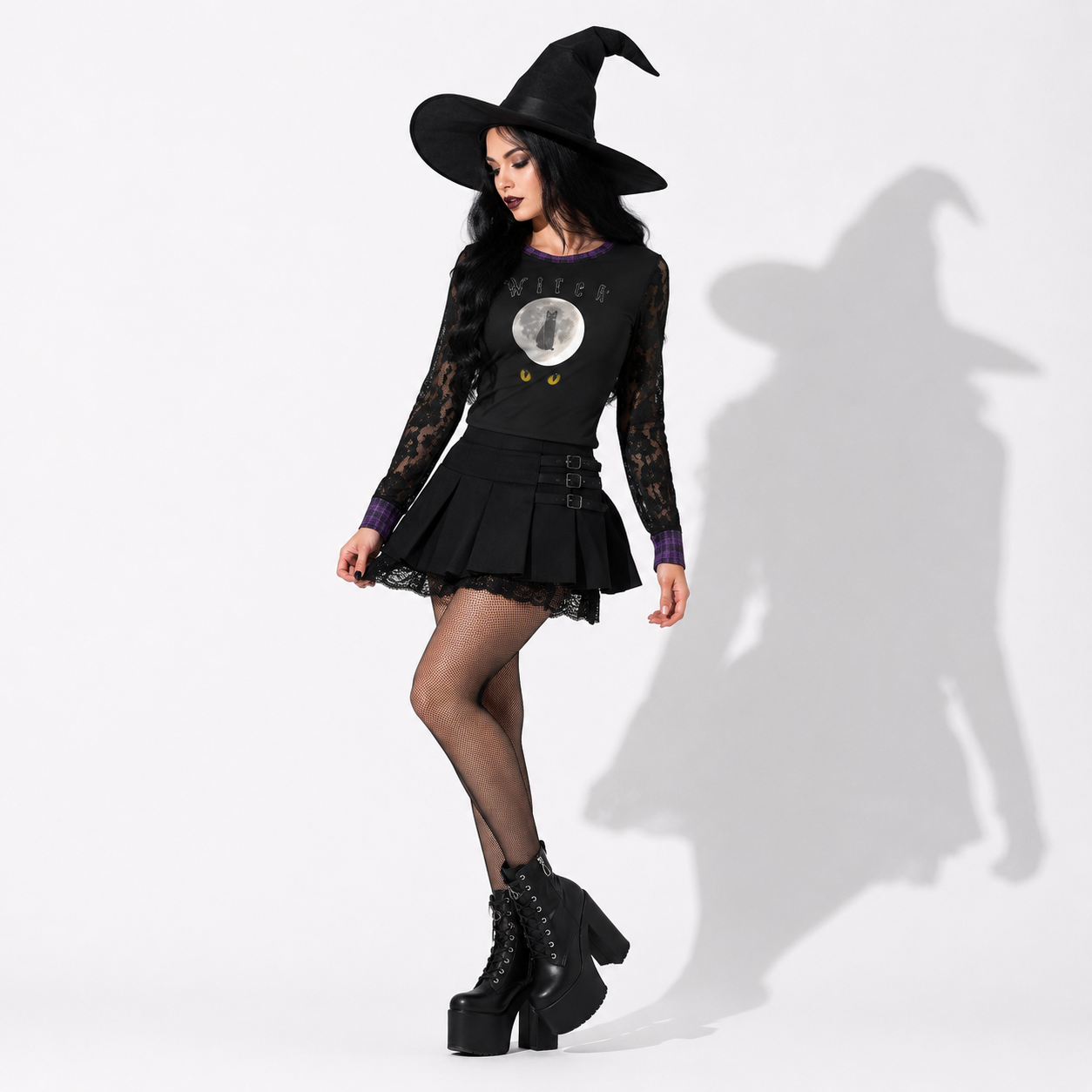 Gotycka Bluzka Witch Cat Moon | Damski Top Witchcore z Koronką i Rękawami Lace