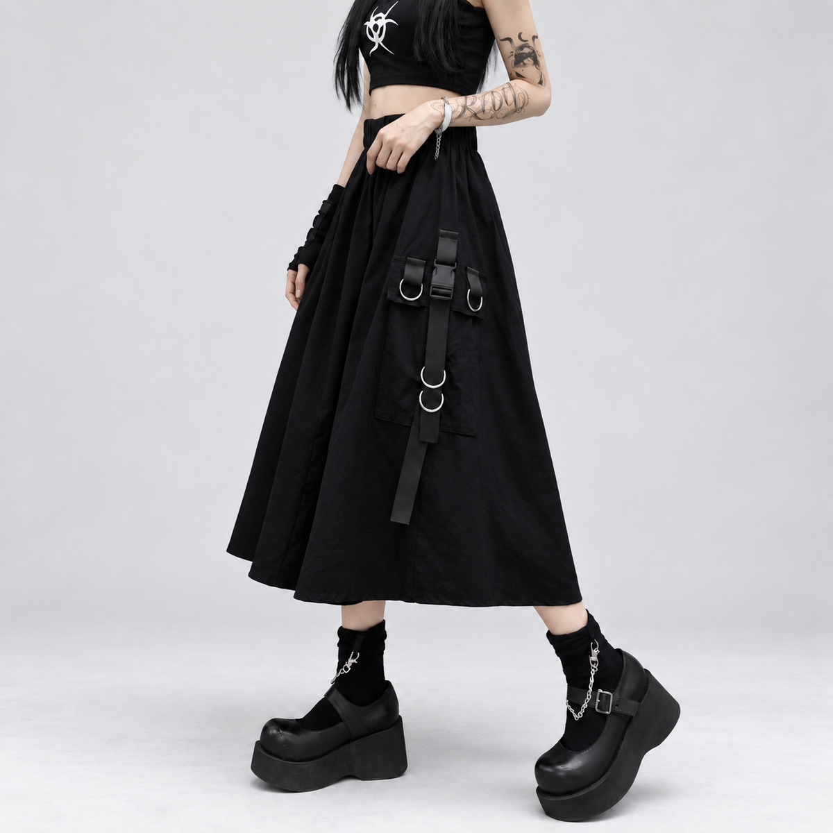 Gotycka Spódnica Harajuku Cybergoth z Paskami | Cyber Witchy