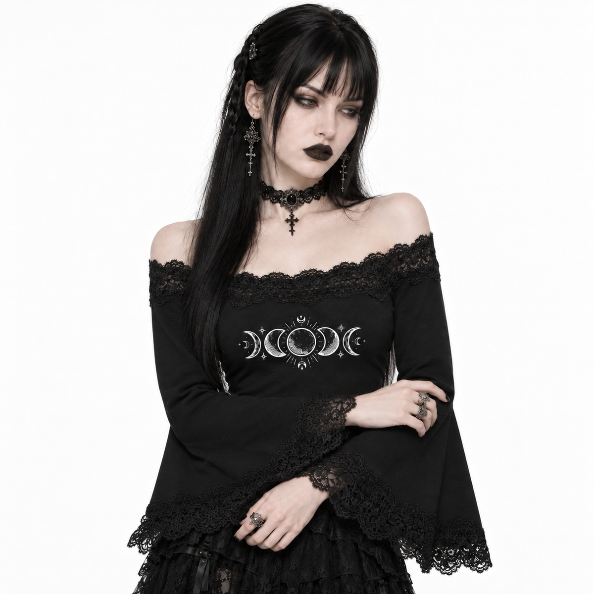 Gotycka Bluzka Damska z Koronką i Odkrytymi Ramionami | Lunar Veil – Black Rose