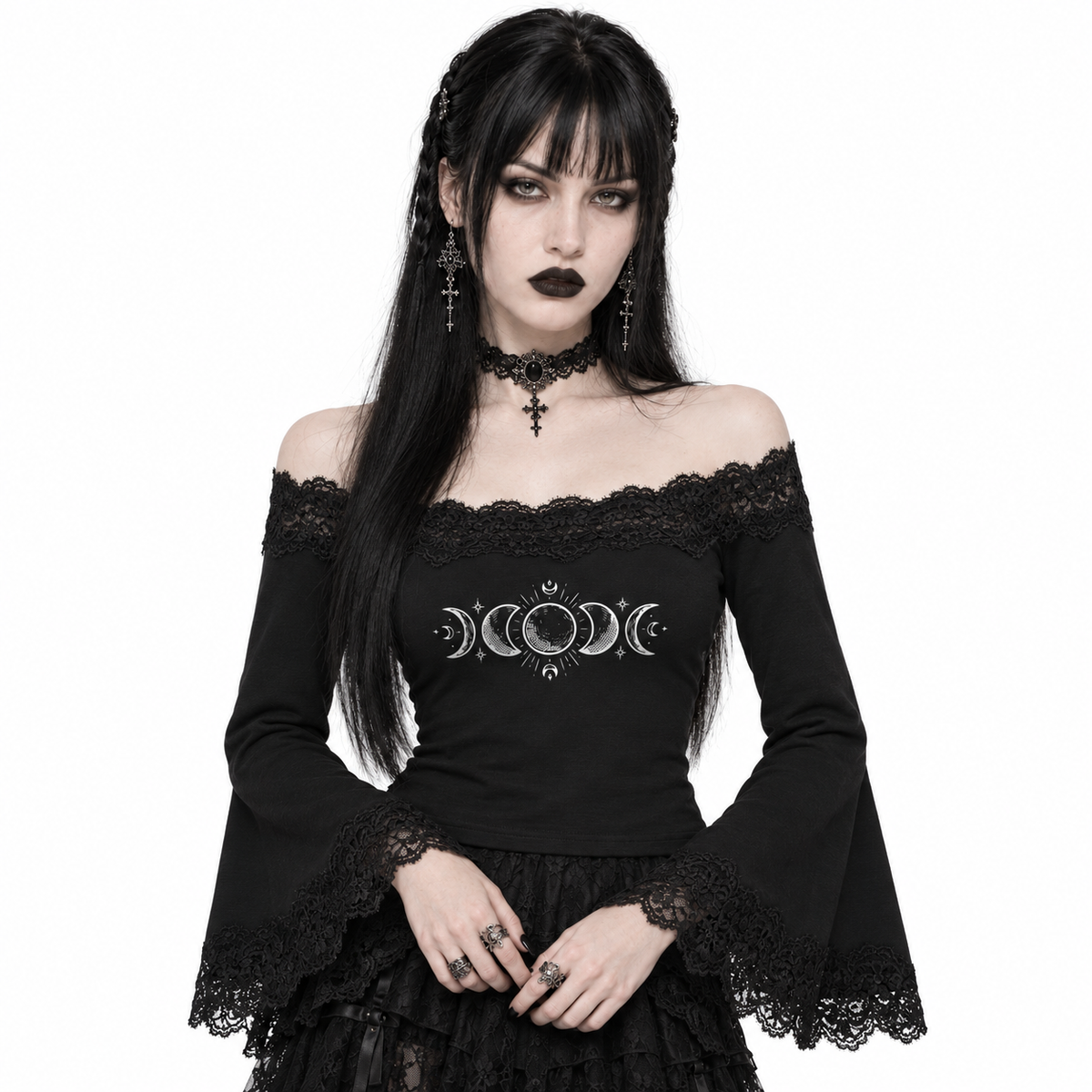 Gotycka Bluzka Damska z Koronką i Odkrytymi Ramionami | Lunar Veil – Black Rose
