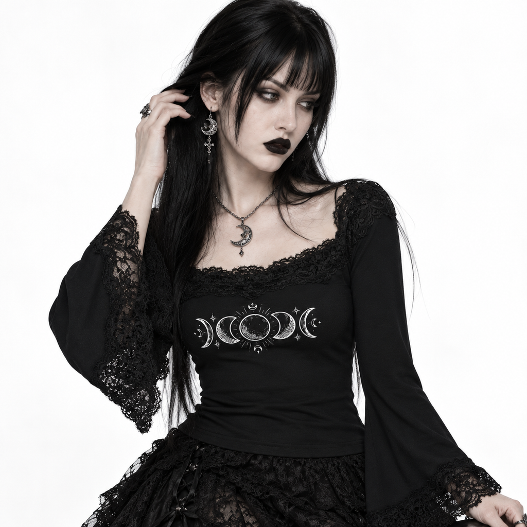 Gotycka Bluzka Damska z Koronką i Odkrytymi Ramionami | Lunar Veil – Black Rose