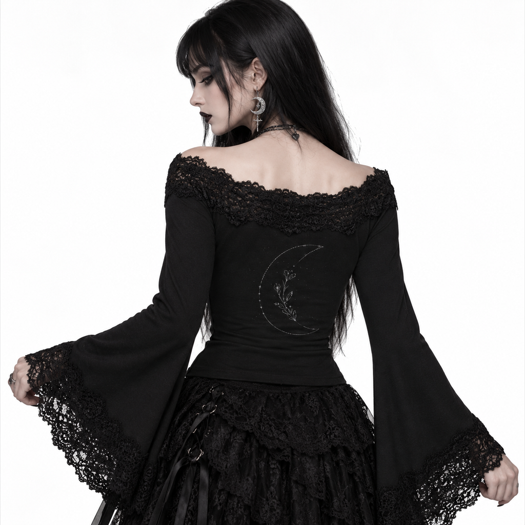 Gotycka Bluzka Damska z Koronką i Odkrytymi Ramionami | Lunar Veil – Black Rose