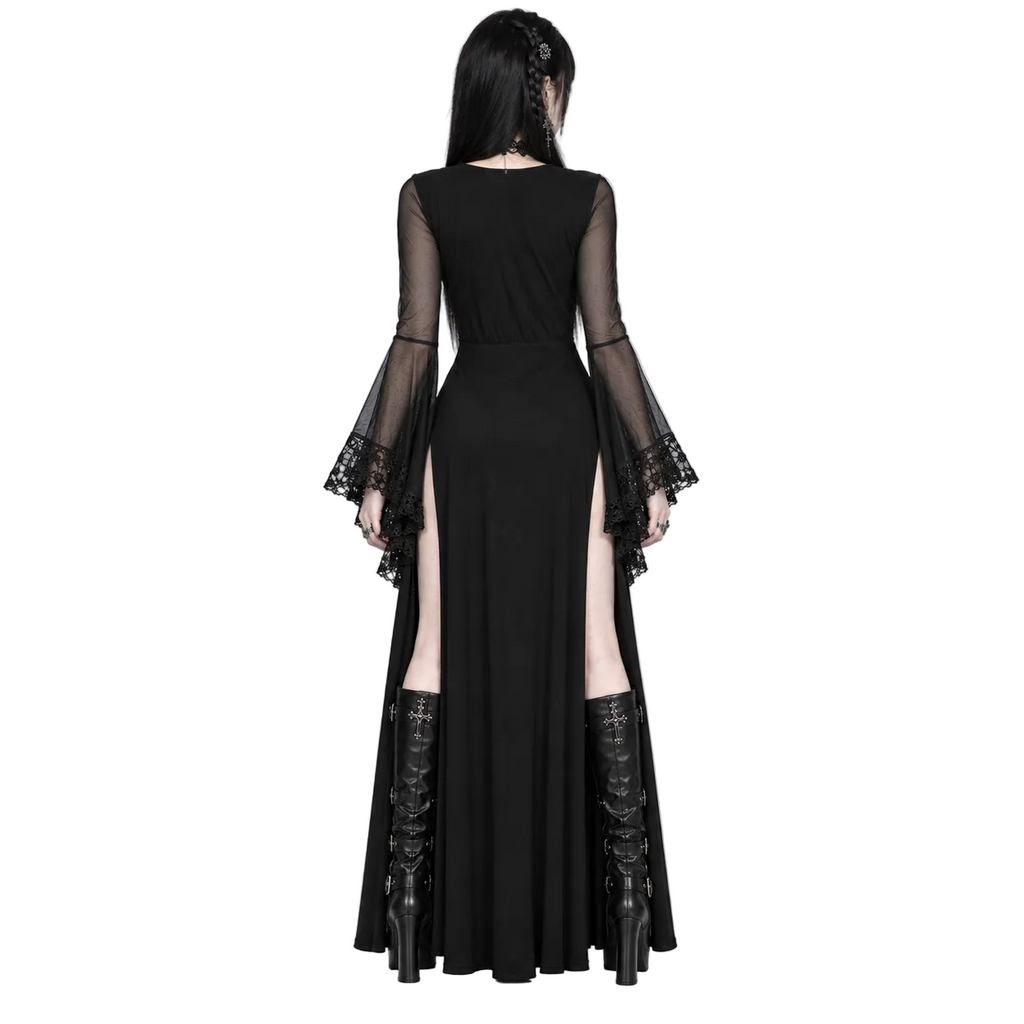 Gotycka Sukienka Maxi z Rozcięciami i Koronkowymi Rękawami | Fairy Gothic