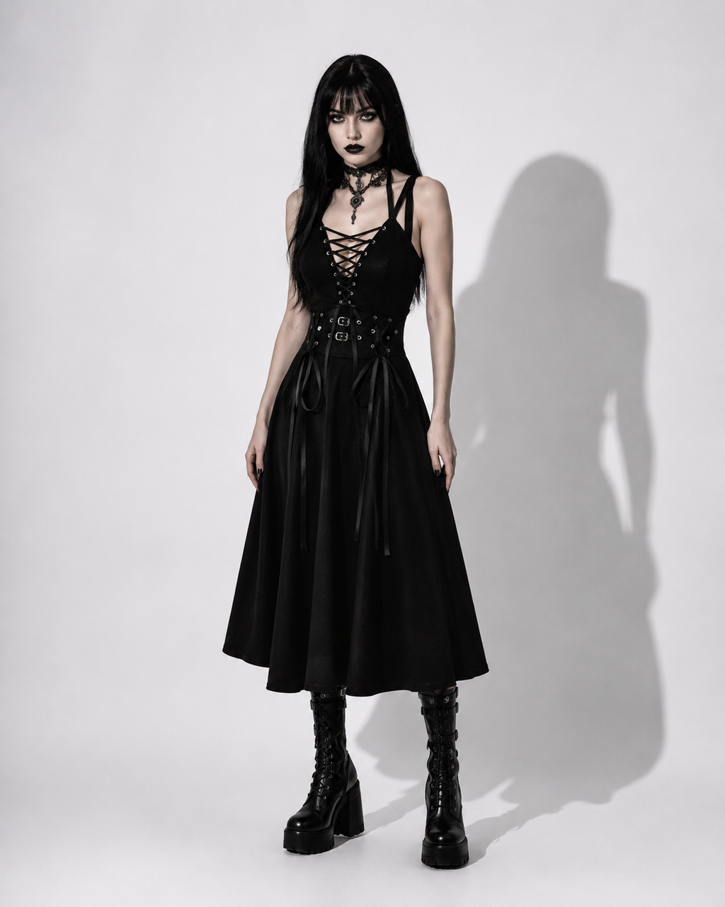 Gotycka Sukienka z Wstążkami – Czarna Gothic A-Line Dress High Waist | Dark Aesthetic Midi Dress