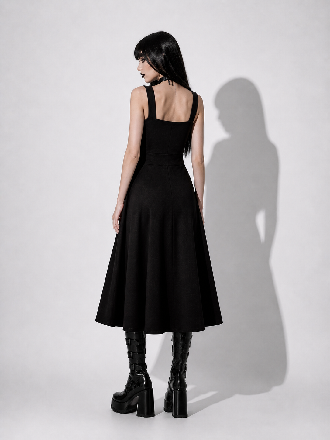 Gotycka Sukienka z Wstążkami – Czarna Gothic A-Line Dress High Waist | Dark Aesthetic Midi Dress