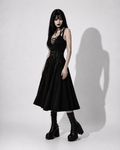 Gotycka Sukienka z Wstążkami – Czarna Gothic A-Line Dress High Waist | Dark Aesthetic Midi Dress