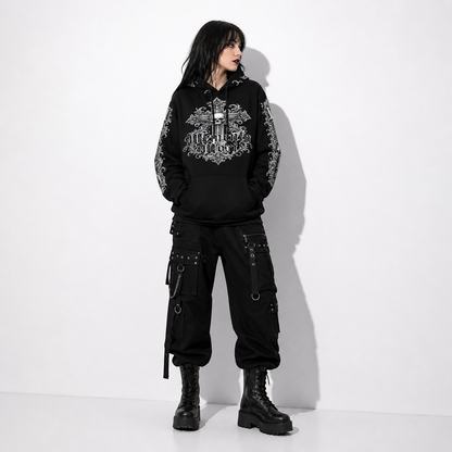 black gothic hoodie with skull and ornament print worn by model dark aesthetic look