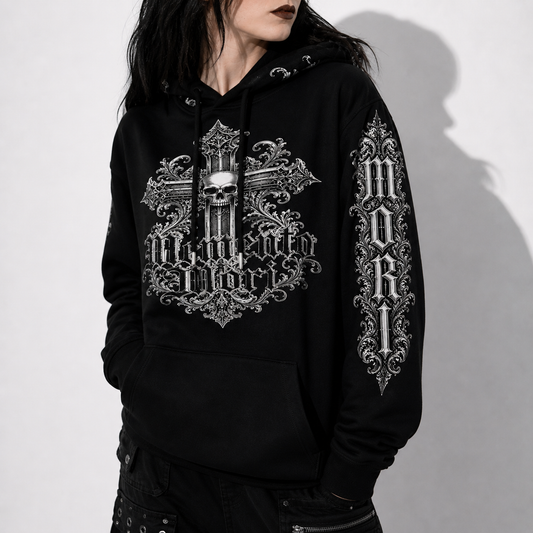 gothic hoodie memento mori black victorian style front view model outfit
