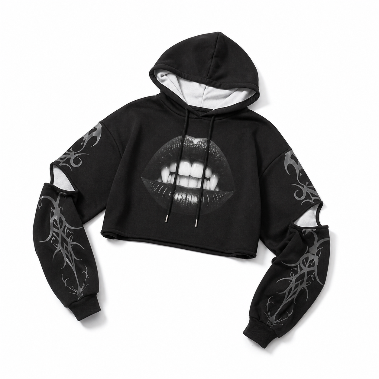 black gothic crop hoodie vampire pop art design flat lay isolated on white background