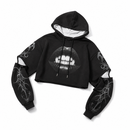 black gothic crop hoodie vampire pop art design flat lay isolated on white background