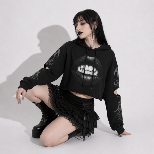 gothic crop hoodie vampire pop art black dark aesthetic outfit front view