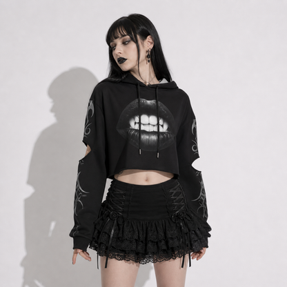 black gothic crop hoodie pop art vampire design with leather skirt outfit