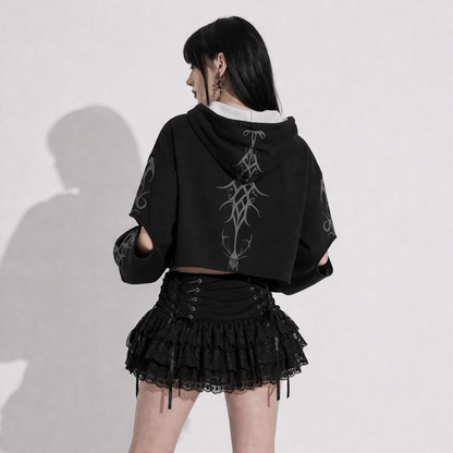 dark aesthetic gothic crop hoodie vampire graphic close up detail of print and fabric