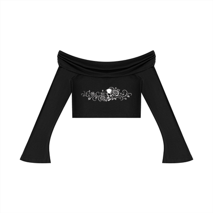 black gothic off shoulder crop top long sleeve skull rose print front view isolated