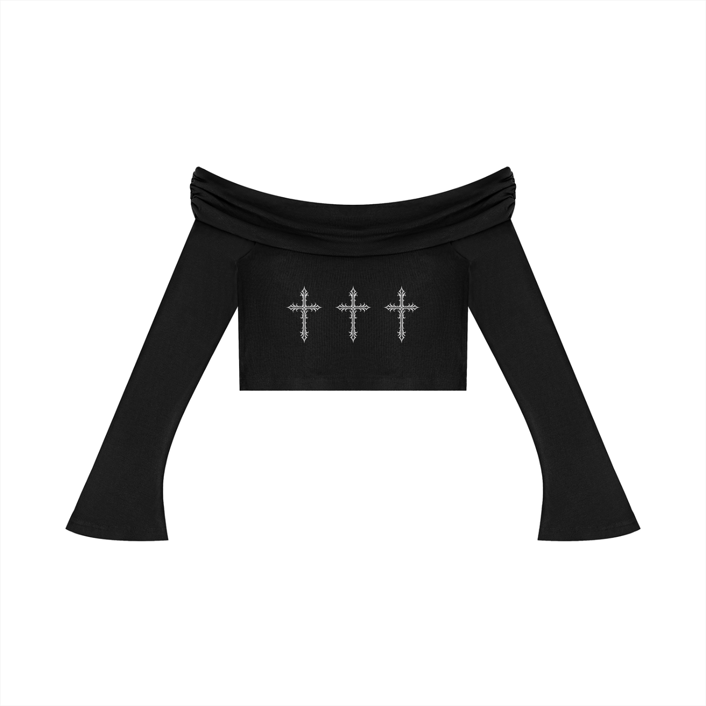 black gothic off shoulder crop top long sleeve cross print back view isolated