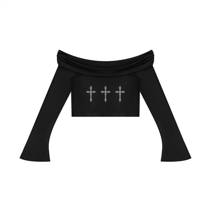 black gothic off shoulder crop top long sleeve cross print back view isolated