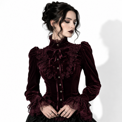 Gotycka Elegancka Koszula Damska Bordowa | Romantic Gothic Velvet Blouse