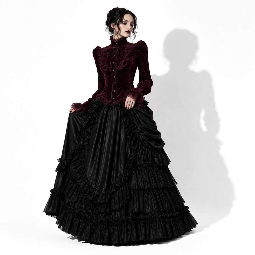 Gotycka Elegancka Koszula Damska Bordowa | Romantic Gothic Velvet Blouse