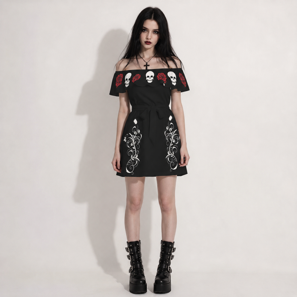 Gotycka Sukienka z Odkrytymi Ramionami Dark Rose & Skull | Gothic Off Shoulder Dress