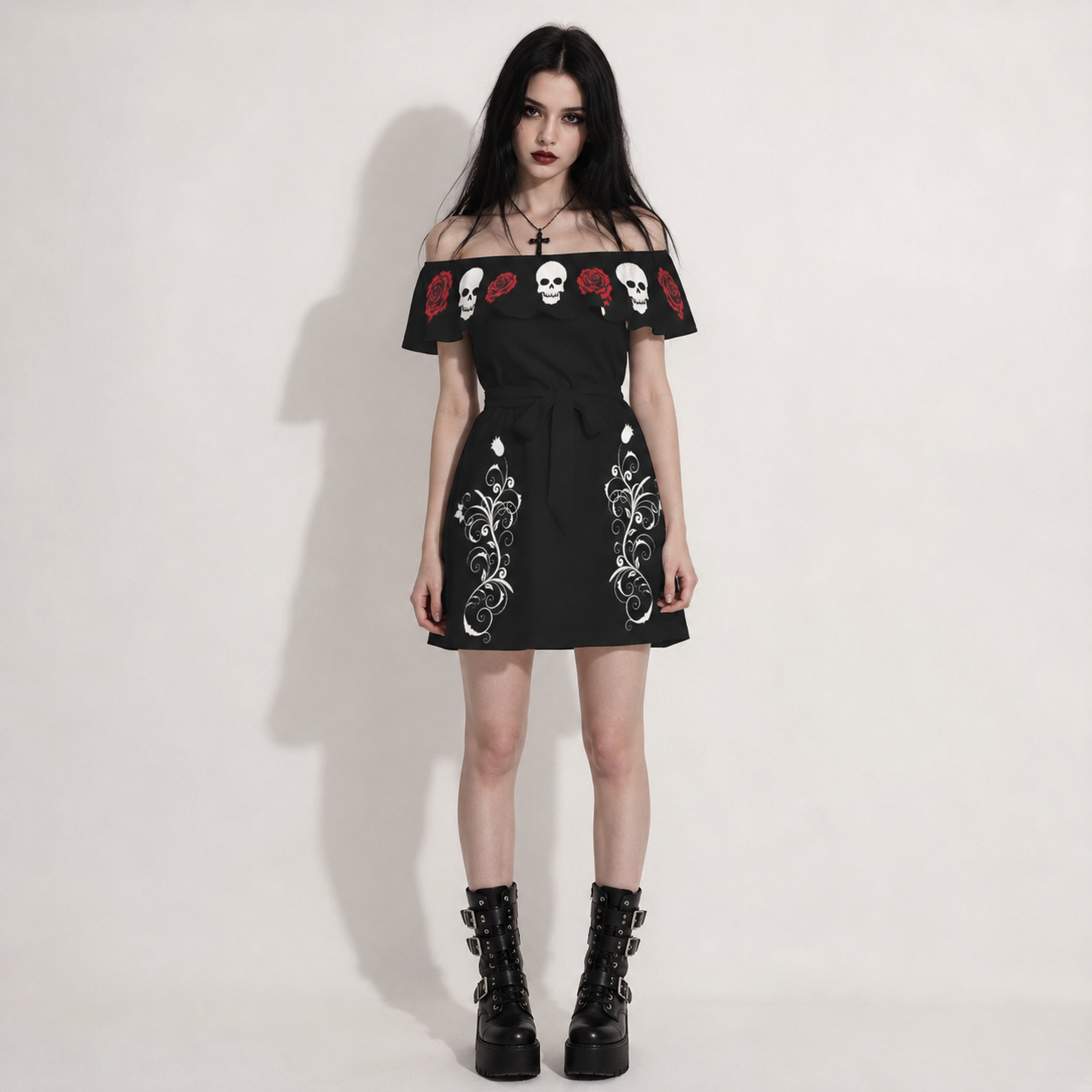 Gotycka Sukienka z Odkrytymi Ramionami Dark Rose & Skull | Gothic Off Shoulder Dress