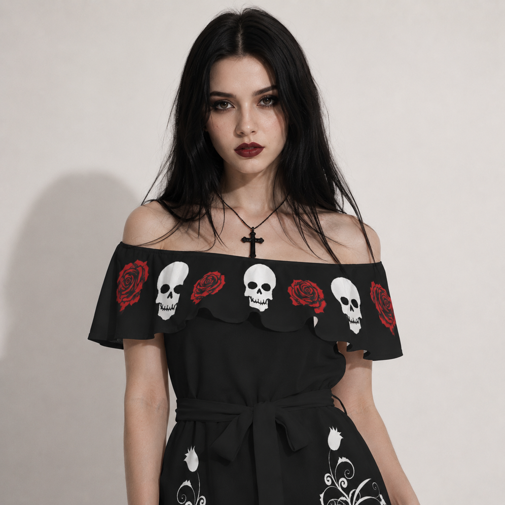 Gotycka Sukienka z Odkrytymi Ramionami Dark Rose & Skull | Gothic Off Shoulder Dress