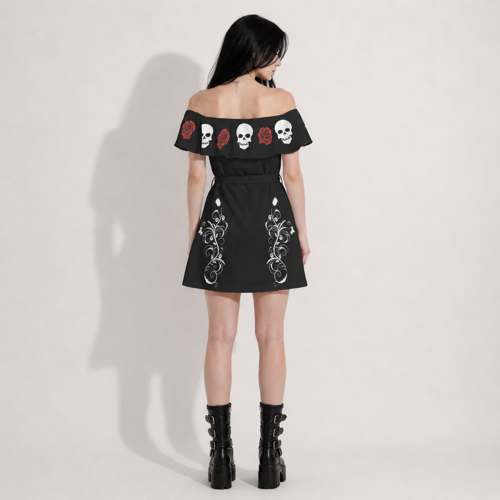 Gotycka Sukienka z Odkrytymi Ramionami Dark Rose & Skull | Gothic Off Shoulder Dress
