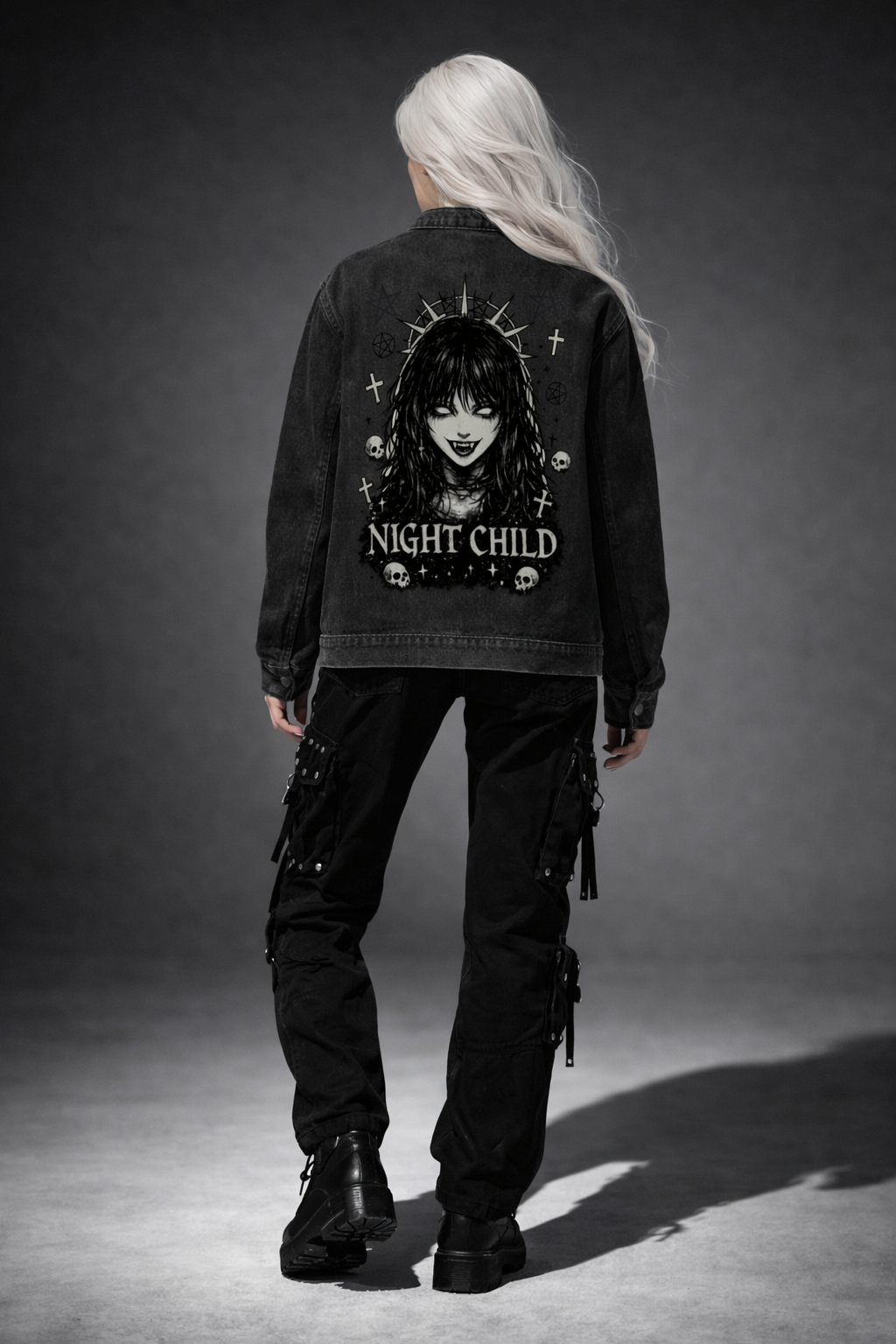 Gotycka Czarna Denimowa Kurtka | Night Child Y2K Gothic