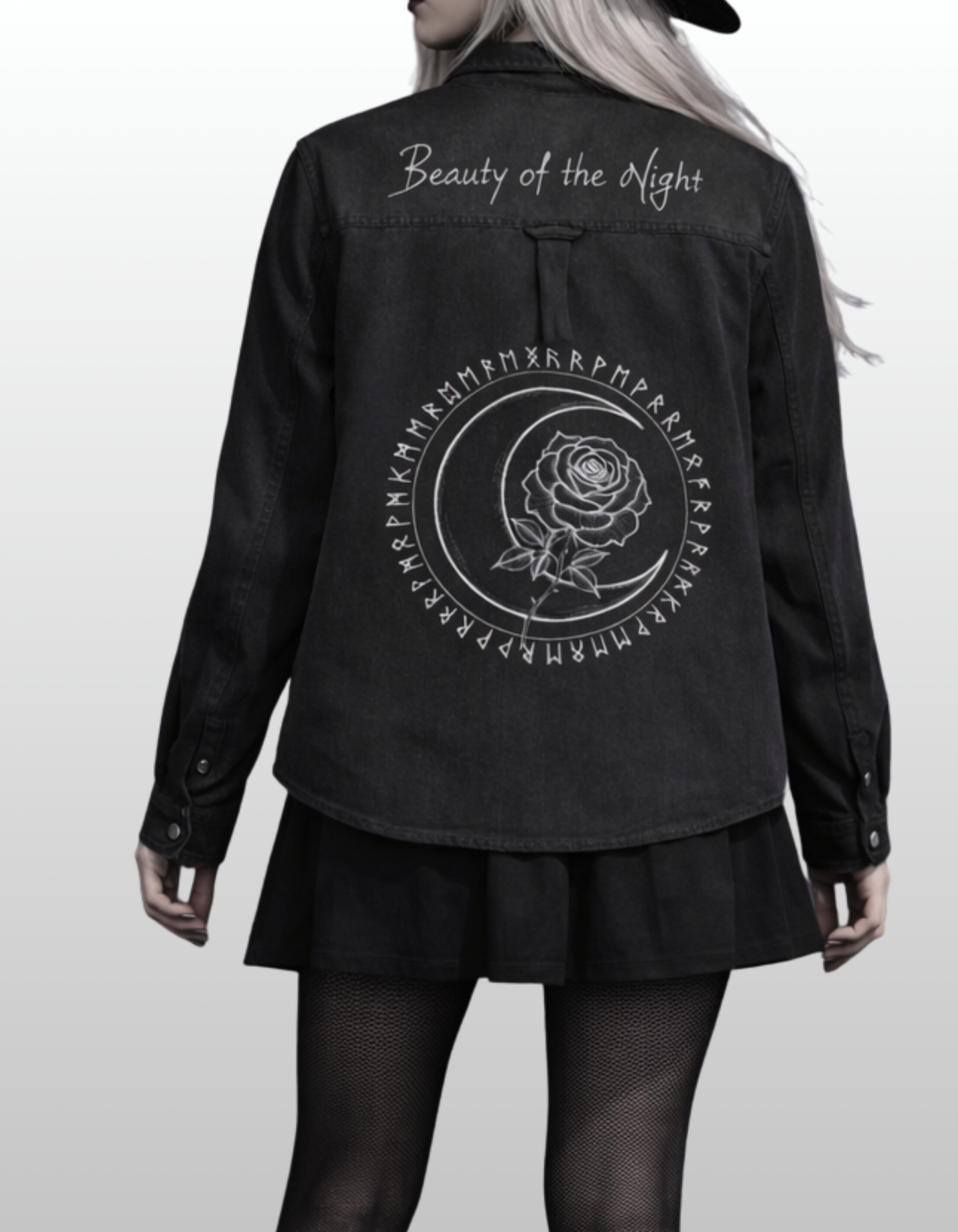 Women in black denim with gothic patchwork