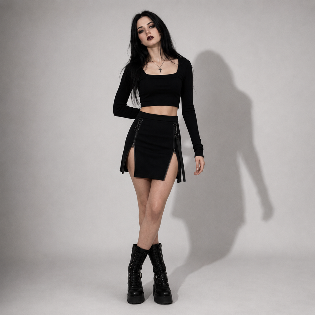 Gotycka Mini Spódnica Zip – Czarna Spódniczka Gothic z Zamkami i Paskami | Darkwear | Alternative Fashion