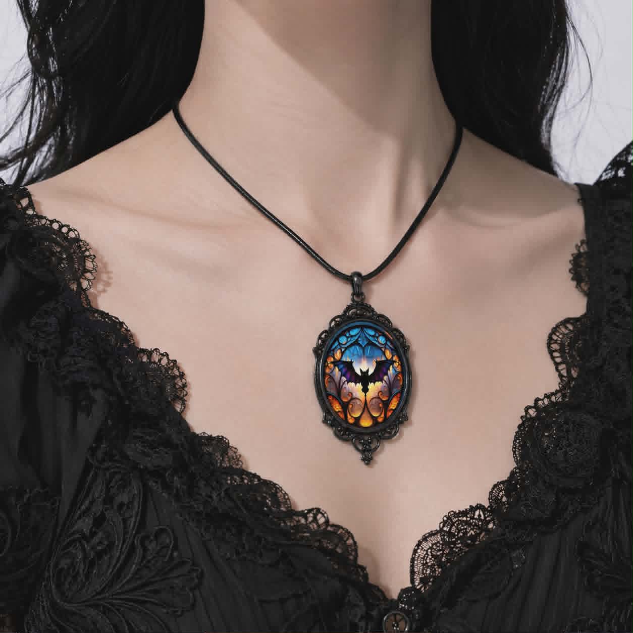 Gotycki Naszyjnik Witrażowy Nietoperz | Midnight Cathedral Bat Necklace | Dark Gothic Pendant