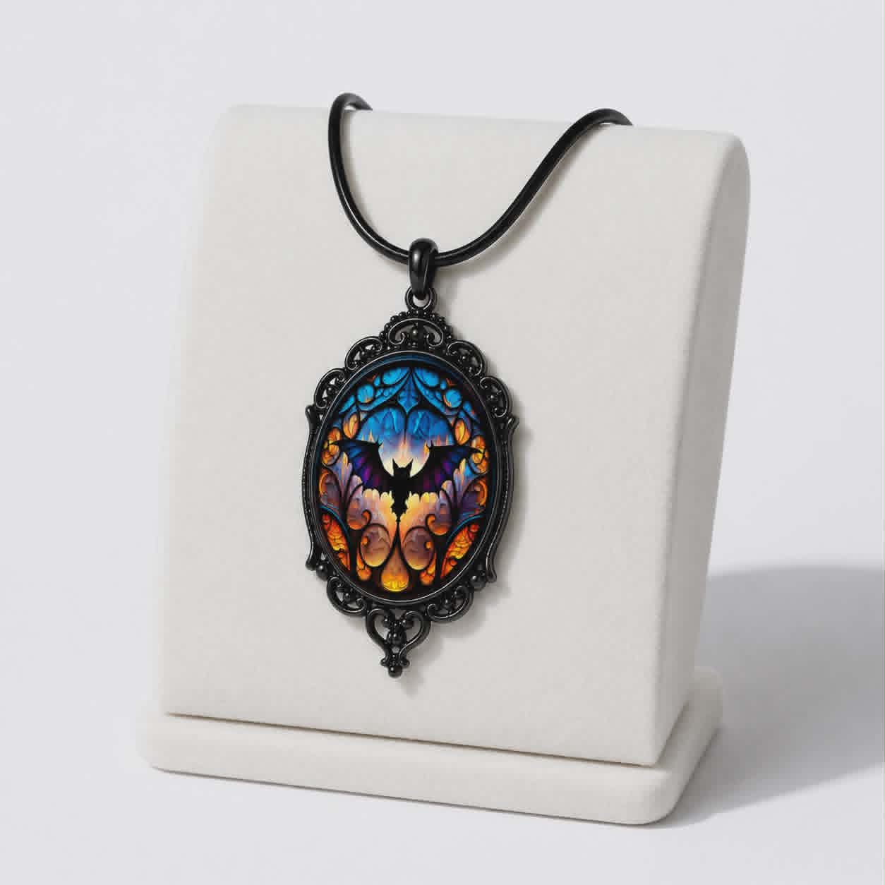 Gotycki Naszyjnik Witrażowy Nietoperz | Midnight Cathedral Bat Necklace | Dark Gothic Pendant