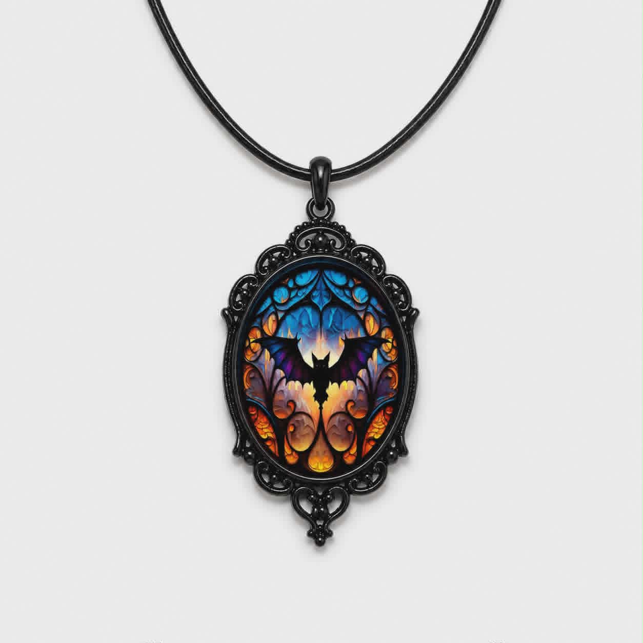 Gotycki Naszyjnik Witrażowy Nietoperz | Midnight Cathedral Bat Necklace | Dark Gothic Pendant