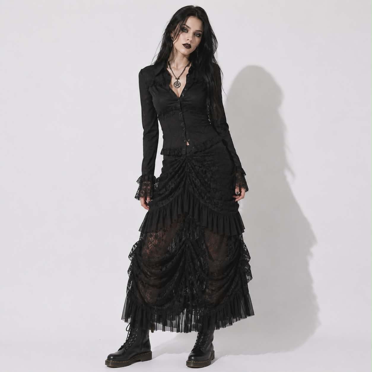 Gotycka Koronkowa Spódnica Maxi Night Kiss | Romantyczny Gothic Darkwear | Czarna Koronkowa Spódnica Alternatywna
