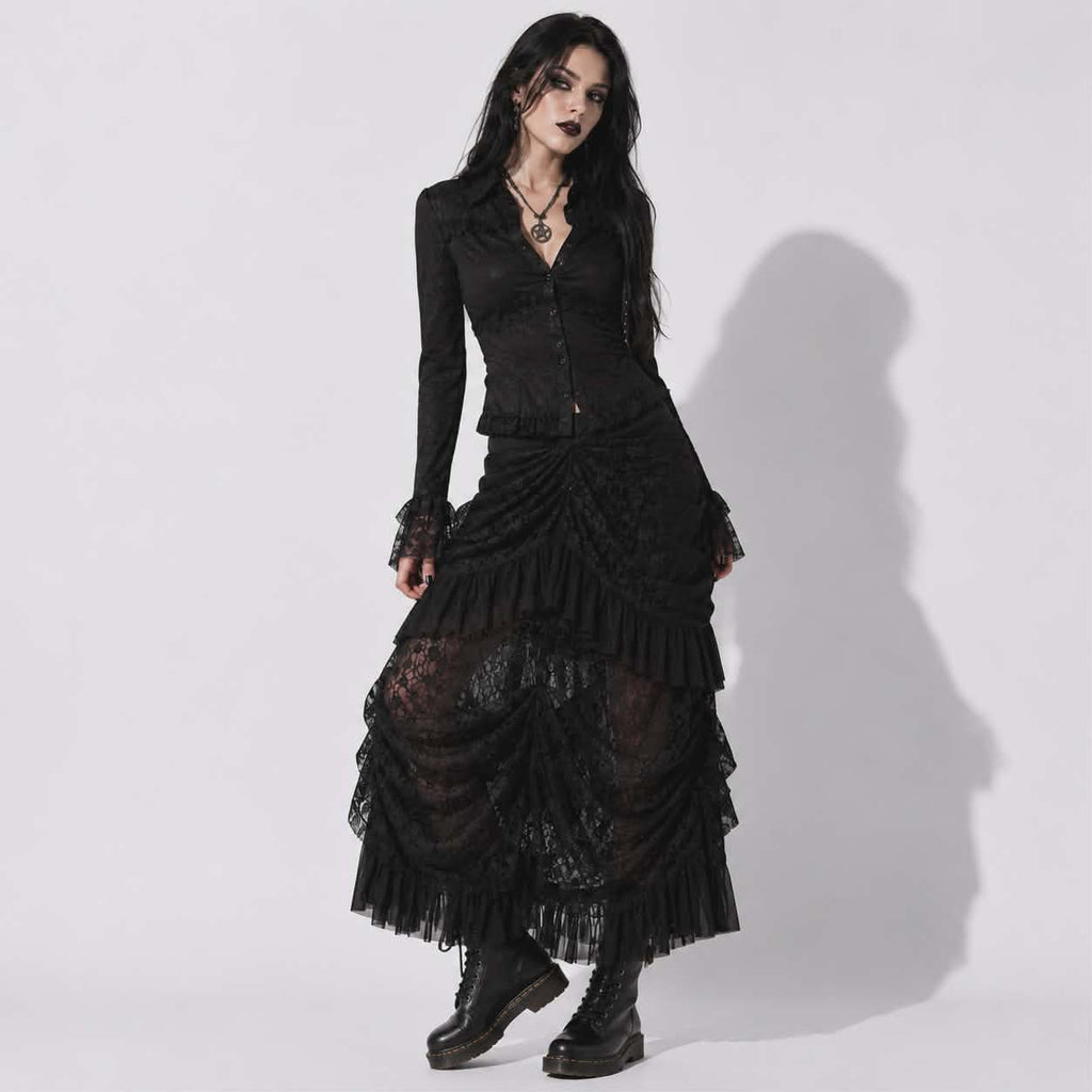 Gotycka Koronkowa Spódnica Maxi Night Kiss | Romantyczny Gothic Darkwear | Czarna Koronkowa Spódnica Alternatywna