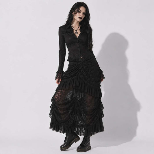 Gotycka Koronkowa Spódnica Maxi Night Kiss | Romantyczny Gothic Darkwear | Czarna Koronkowa Spódnica Alternatywna