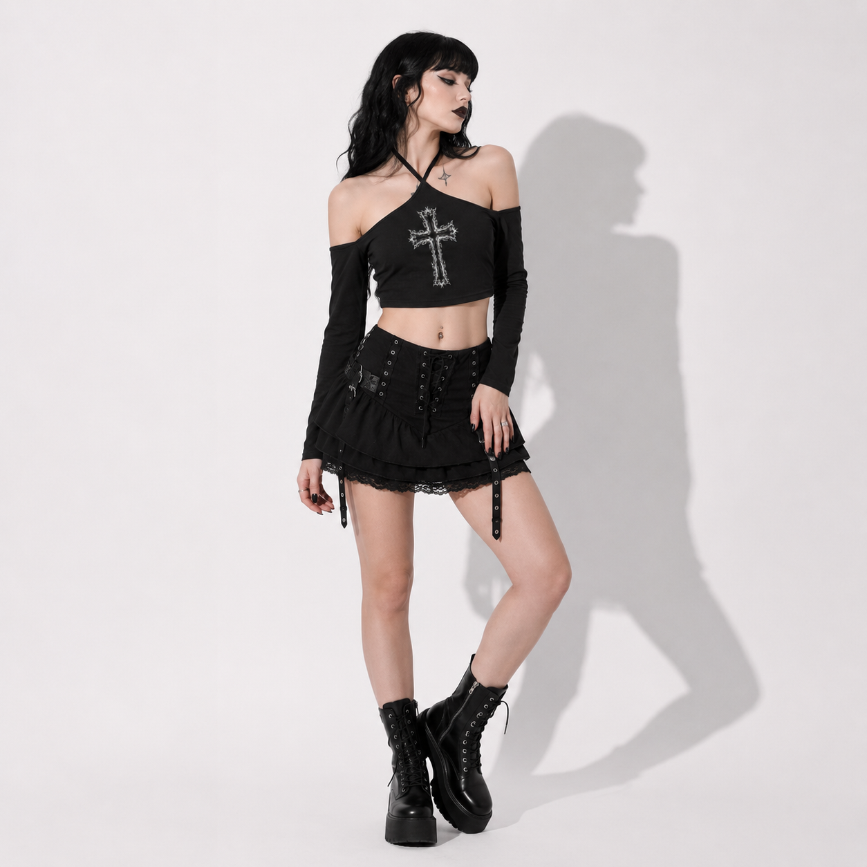 Dark Fire Cross Gothic Crop Top – Off Shoulder Long Sleeve Goth Top