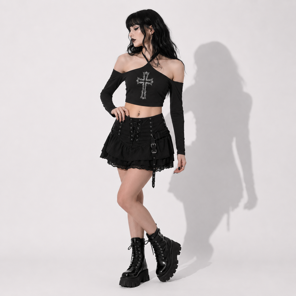 Dark Fire Cross Gothic Crop Top – Off Shoulder Long Sleeve Goth Top