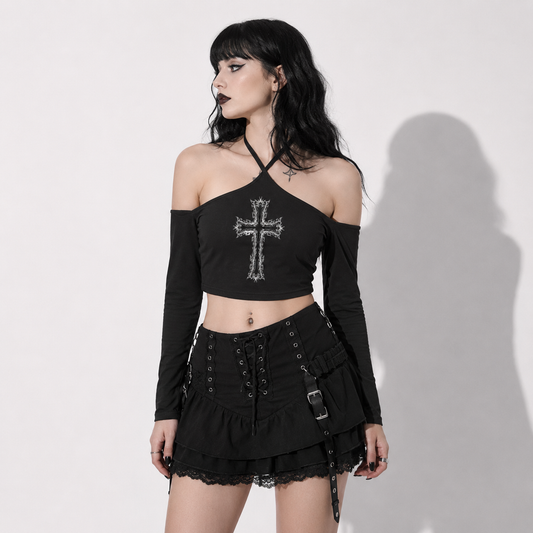 Gotycki Crop Top Dark Fire Cross – Off Shoulder Gothic Top z Długim Rękawem