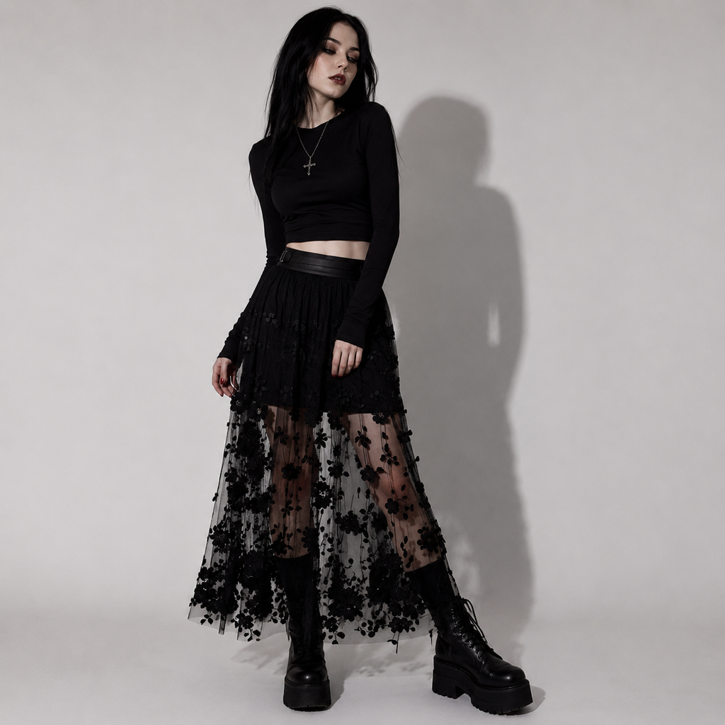 Gotycka Spódnica Maxi z Tiulową Siateczką i Haftowanymi Kwiatami | Czarna Spódnica Gothic Romantic & Dark Elegance