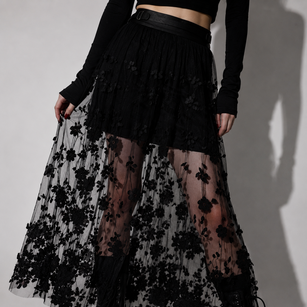 Gotycka Spódnica Maxi z Tiulową Siateczką i Haftowanymi Kwiatami | Czarna Spódnica Gothic Romantic & Dark Elegance