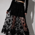 Gotycka Spódnica Maxi z Tiulową Siateczką i Haftowanymi Kwiatami | Czarna Spódnica Gothic Romantic & Dark Elegance